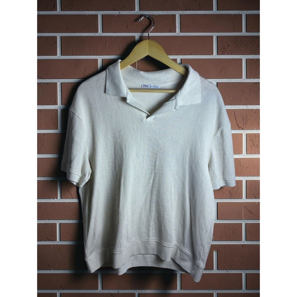Zara Ribbed Knit Open Collar Polo Shirt Men's Large Cream Short Sleeve XL Tag